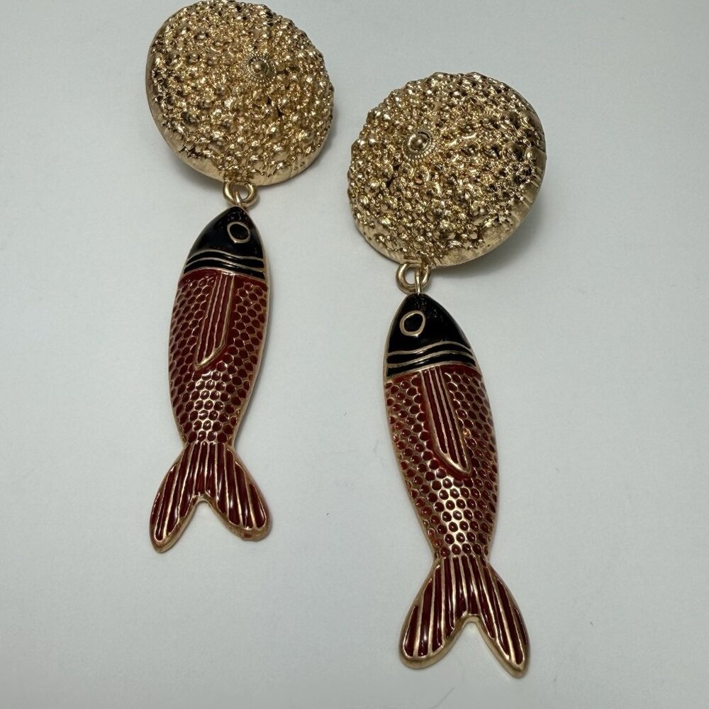 Zara Statement Gold Textured Disc Red Enamel Fish Dangle Earrings 3” NWOT